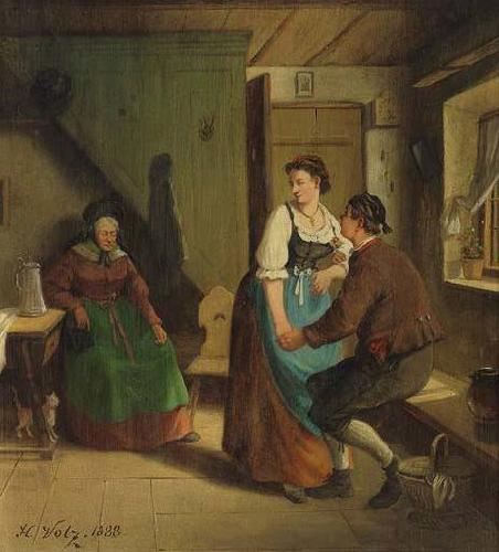 Hermann Volz Tandelndes junges Paar vor der sitzenden schlafenden Grobmutter in schwabischer Stube oil painting image